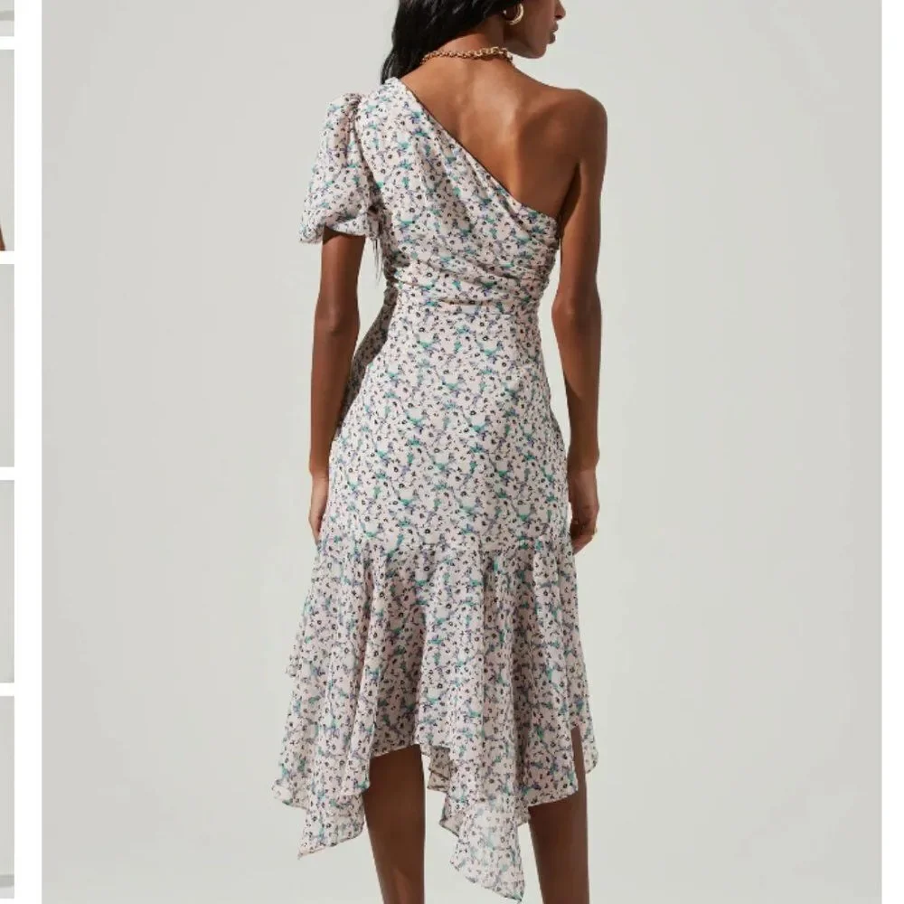 Astr One-Shoulder Floral Dress - White and Blue - Picture 6 of 14